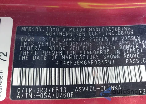 2010 Toyota Camry Le from USA, damaged, VIN 4T4BF3EK6AR034281
